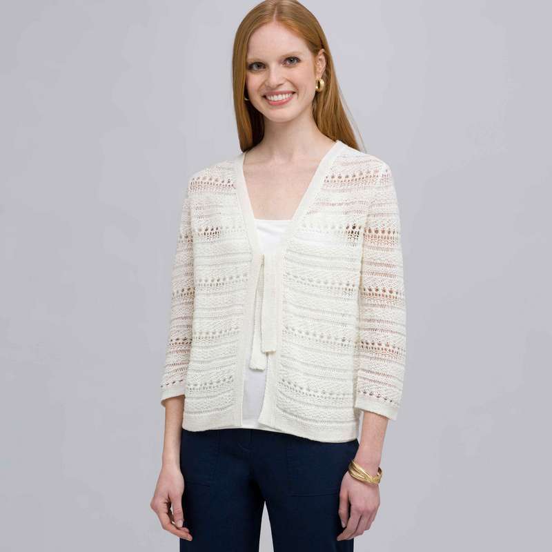 Tie Front Cardigan, Linen White, large image number 0